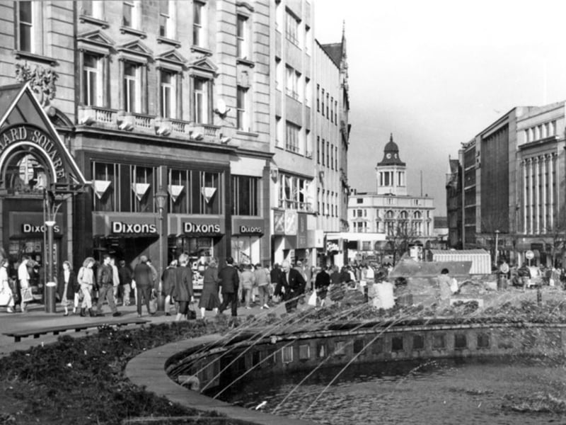 The Goodwin Fountain, at the top of Fargate, Sheffield, pictured in 1989, just under a decade before it was demolished in 1998