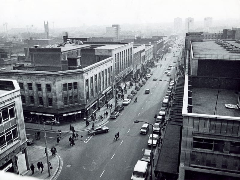 The Moor, Sheffield city centre, in 1972, showing shops including John Temple Tailors, Hardy & Co and British Home Stores