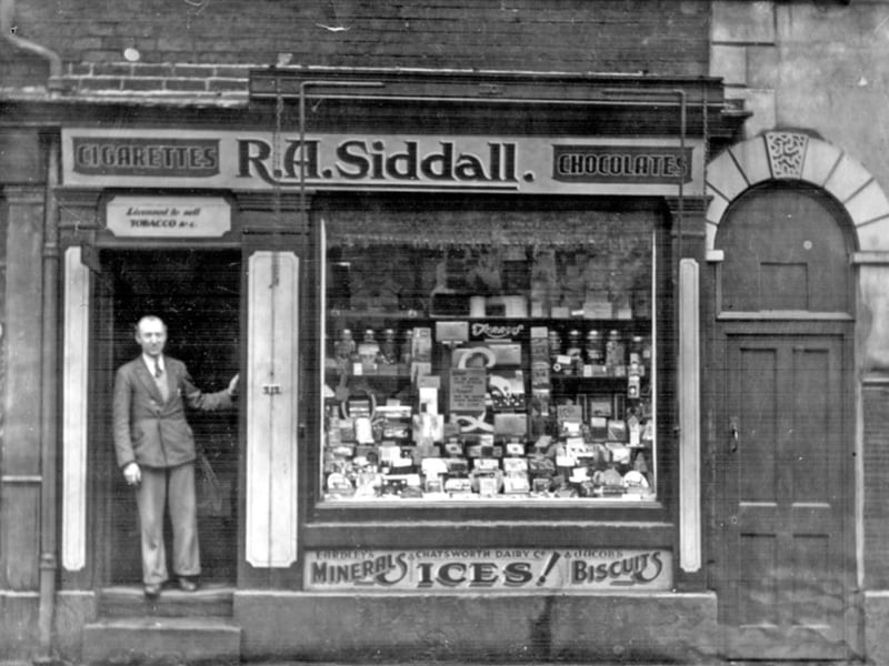 R.A. Siddall, confectioner, on Fulwood Road, Broomhill, Sheffield, in 1934. The shop was next door to the old South Sea Hotel at the bottom of Crookes Road.