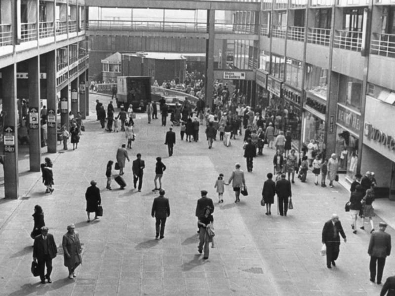 An elevated view from Castle Market Gallery of Exchange Street, Sheffield city centre, looking towards Sheaf Market, in May 1975