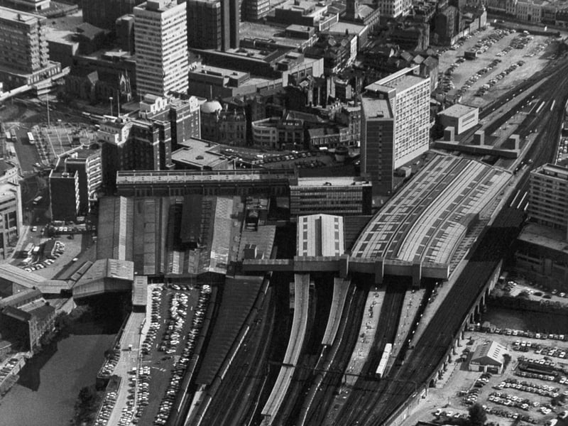 A bird's eye view of Leeds City Station in September 1987.