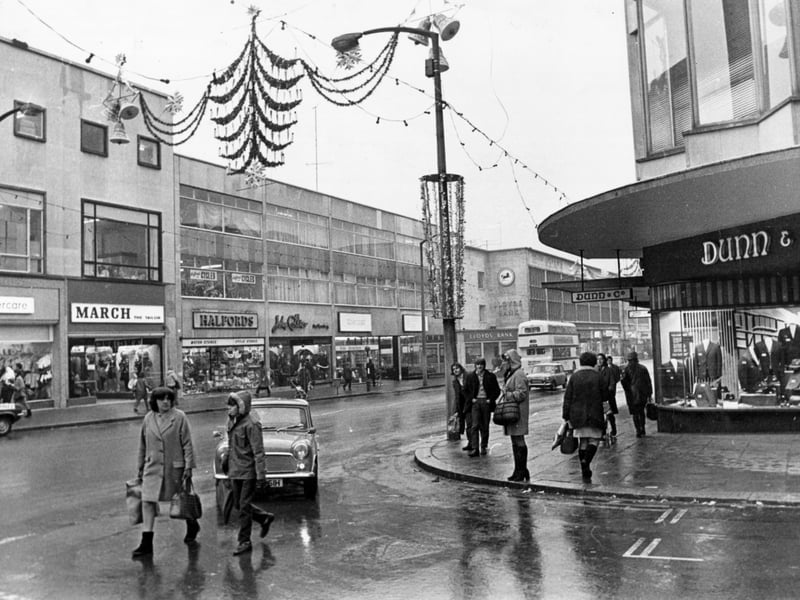Shops on The Moor, Sheffield, in 1971, including Dunn & Co, March the Tailors, Mothercare and John Collier
