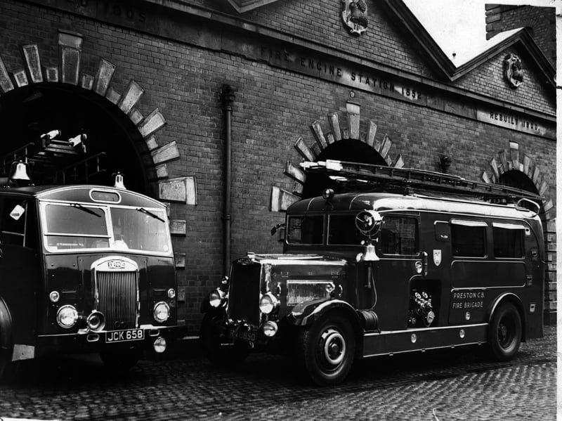 A new fire engine replaces the old in the 1960s at Preston Fire Station.