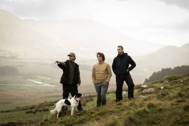 Ray Ó Foghlú, Project Lead; Matt Smith, CEO of HomeTree; Manus Crowley, Forester and Ecologist; and Tara the dog at the first Wild Atlantic Rainforest Project site at Knockaunbaun, Maam, Co Galway. The 280-acre site forms part of an ambitious €12 million euro plan to restore more than 4,000 acres of native woodland in the west of Ireland. Pic: Cathal Noonan