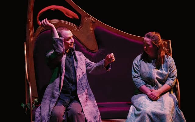 Blue Teapot members Michael Hayes and Valerie Egan on the set designed by Sabine Dargent and with costumes designed by Charmian Goodall.