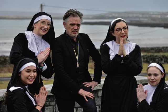 NO FEE PIC Joe Rooney AKA Fr Damo pictured with Sr Kate Finnegan, Sr Jessie Ryan, Sr Hayley Maher and Sr Eimear O Dea at TedFest as Inis Mór, Aran Islands becomes the legendary ‘Craggy Island’ for a weekend of high-jinx every year. TedFest is back on March 2nd-5th 2023 with copious cups of tea and sandwiches, a lot of red tank-tops, nuns on the run, priests on the pull, map-cap costumes and of course a bishop getting a kick up the arse. Fr Ted, Ireland’s best loved TV Show is celebrated in the most wild and wonderful way. see www.tedfest.org Photo by Doris Gerth