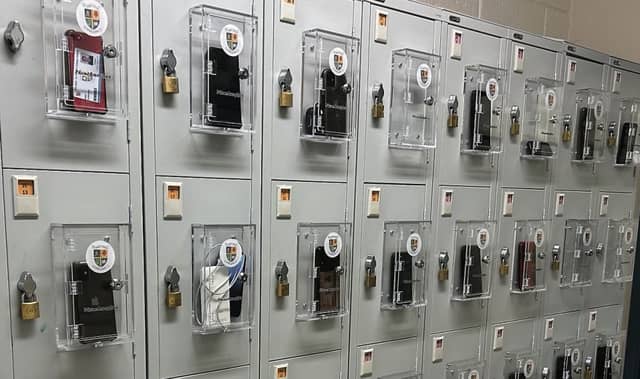 The mobile phones locked away in the Bish and (inset), Deputy Principal Sarah Gleeson.
