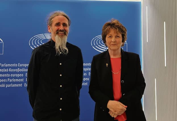 MEP Luke Ming Flanagan with whistleblower Julie Grace at the European Parliament where she addressed the Parliament's Petitions Committee.