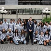 Mayor Eddie Hoare and Programme Directors Brian Fahy and Dr Johanna Clancy with students from the Celtic Irish American Academy during a visit to City Hall last month.