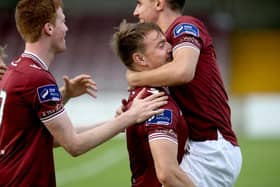 Galway FC striker Vinny Faherty celebrates after scoring the first goal of his hat-trick on Friday night. Photo: Joe O'Shaughnessy.