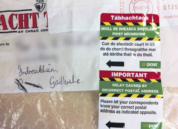 The letter, with the 'Co na' part of 'Co na Gaillimhe' struck out on the basis that it was wrong.