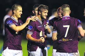Galway FC'S Alex Byrne (centre) celebrates scoring his first ever League of Ireland goal to make it 3-0 on the night in their League Promotion Final win over UCD at Eamonn Deacy Park on Friday night.