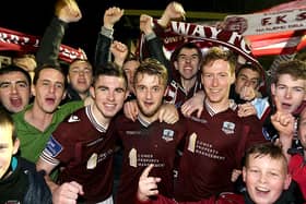 Goal scorers Ryan Manning, Alex Byrne and Gary Shanahan celebrate Galway FC's victory over UCD in the League Promotion Final at Eamonn Deacy Park on Friday night. Photo: Joe O'Shaughnessy.