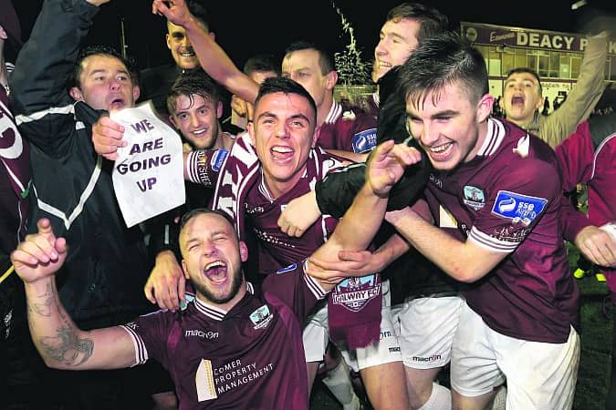 
Galway FC players Alex Byrne, Enda Curran  and Ryan Manning celebrate their promotion to the Premier Division after defeating UCD 3-0 at Eamonn Deacy Park on Friday evening.  Photo: Joe O'Shaughnessy.

