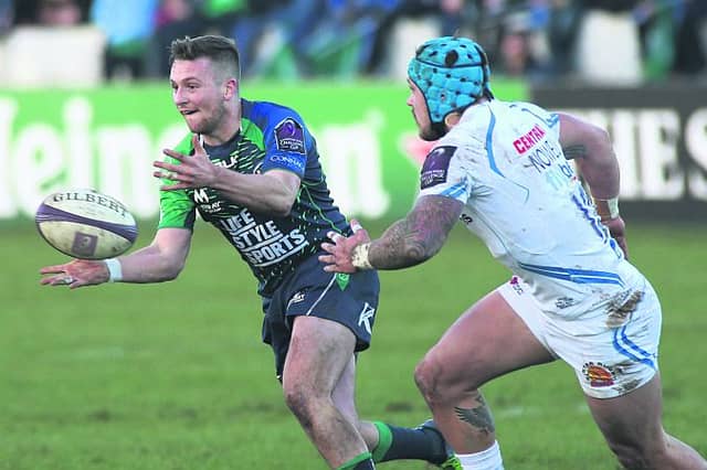 Connacht out half-Jack Carty on the attack against Jack Nowell of Exeter Chiefs during Sunday's European Challenge Cup clash at the Sportsground. Photo: Joe O'Shaughnessy.