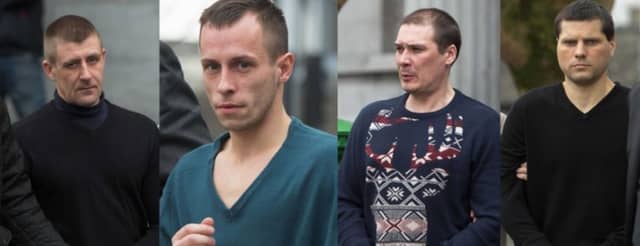 Saulius Repecka, Erikas Matusevicius, Vaidas Pinelis and Irmantas Paulauskas leaving Galway District Court today (Photos: Andrew Downes)