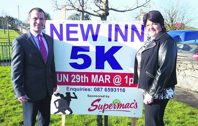 The Supermac’s New Inn 5km road race/walk will take place on Sunday, March 29 at 1pm. Pictured at the recent launch of the event is Race Director Padraig Kelly and sponsor Una McDonagh. Registration takes place in New Inn Community Centre from 11am and refreshments are provided in the centre afterwards. Entry is only €10 and everyone who enters is included in a raffle for numerous prizes. Any enquiries can be sent to newinn5kmroadrace@gmail.com