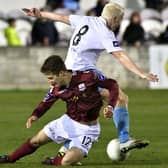 Galway United's Jake Keegan comes under pressure from Sean Thornton of  Drogheda United during Friday night's Premier Division tie at Eamonn Deacy Park. Photo: Joe O'Shaughnessy.
