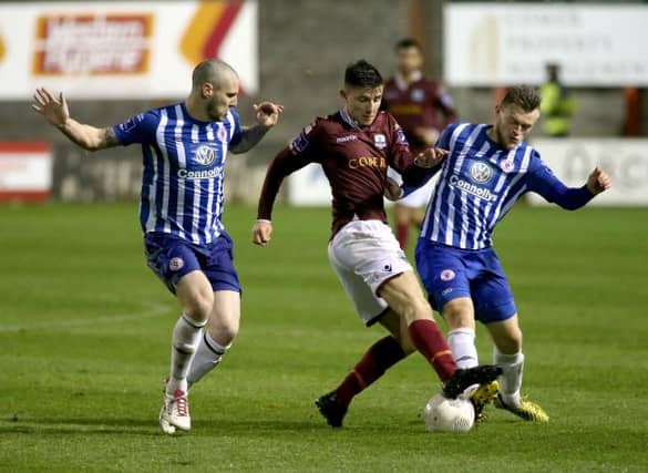 Galway United's Enda Curran (left) celebrates with David O'Leary after finding the target in Friday night's Premier Division victory over Limerick FC at Eamonn Deacy Park on Friday night. Photo: Joe O'Shaughnessy.