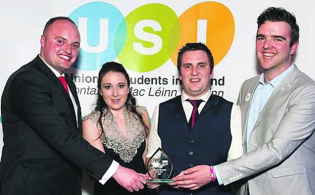 NUI Galway SU President Declan Higgins, NUI Galway SU Welfare Officer Aoife Ni Shuilleabhain, USI President Kevin Donoghue and NUI Galway SU Education Officer Phelim Kelly at the Student Achievement Awards last week. PHOTO: CONOR McCABE