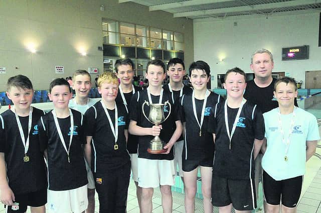 The Corrib Waterpolo U-14 team which won the Irish Cup in the Kingfisher, NUI Galway last weekend. Left to right: Alex Naughton, Adam Murphy, Macdara O Griofa, Aaron Burke, Cronan Ward, Liam Smyth (c), Zak Rather, Alan Shaughnessy, Mark O'Connor, Joe Smyth (coach), and Jared Quinlan.