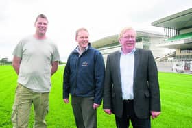Galway course foreman, Gerry Broderick, with  incoming General Manager, Michael Moloney and  General Manager, John Moloney, looking ahead to next week’s summer festival.  PHOTO: IAIN McDonald.