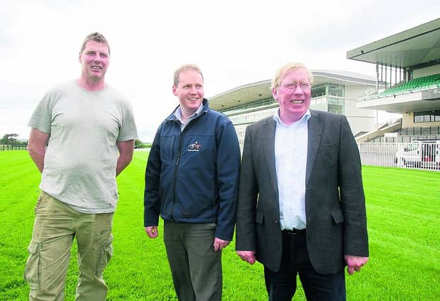Galway course foreman, Gerry Broderick, with incoming General Manager, Michael Moloney and General Manager, John Moloney, looking ahead to next week’s summer festival. PHOTO: IAIN McDonald.
