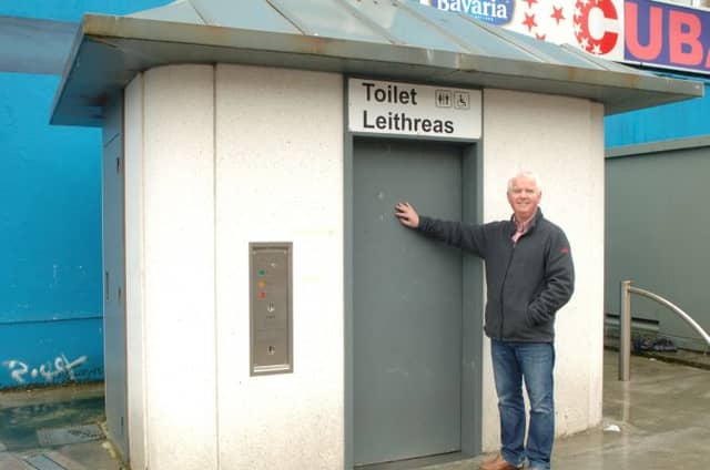 Cllr Shaun Cunniffe at the little used public toilet in Tuam. Photo: Johnny Ryan Photography.