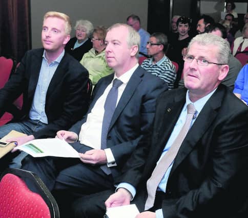 Deputies Derek Nolan and Brian Walsh with Mayor of Galway, Frank Fahy, at the bypass meeting in the Clayton Hotel. PHOTO: STAN SHIELDS