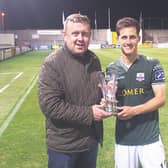 Galway United chairman Jonathan Corbett presents the Galway United Open Jaw Technologies Player of the Month award for June to Jake Keegan following Monday night's League game against Drogheda United.