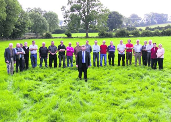 DEFIANT . . . Cllr Michael Connolly meet a group of farmers in Mackney, Ballinasloe on the site of the proposed new cycleway. It took 13 farmers wide to show the width of the proposed greenway. Back row: Jackie Curley, Ballinasloe, Thomas Dolan, Aughrim, Raymond Gibbons, Aughrim, Robin Joseph, Aughrim, Frank Walshe, Aughrim, Gerry Clarke, Kilmeen, Pat Donohue, Kilmeen, Paul Clarke, Kilmeen, Jack Headd, Kilrickle, Leslie Wakefield, Aughrim, Robert Wakefield, Aughrim, Adrian Kelly, Killoran, Charlie Campbell, Killoran, Sean Shaughnessy, Killoran, Tony Dermody, Killoran, Eddie Black, Aughrim, Sean Clarke, Loughrea, John Joseph, Ballinasloe, Sean Donohue, Kilmeen, Mary Jo Curley, Ballinalsoe, Jennifer Wakefield Aughrim.
Photo: Gerry Stronge.