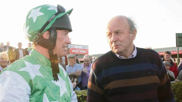 Galway trainer Val O'Brien and jockey Paul Carberry after Abarta won the Colm Quinn BMW Handicap Steeplechase at Ballybrit last week. Photos: Iain McDonald.