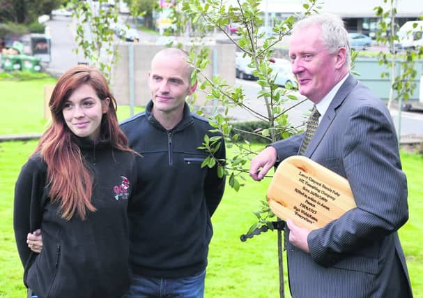 Student Luna Venancio, Philip Cribbin, Head of History, and Sean Fahy at Galway Community College during the 125th anniversary commemoration marking the birth of Lance Corporal Bernie Fahy. Sean is a grandnephew of Bernie.