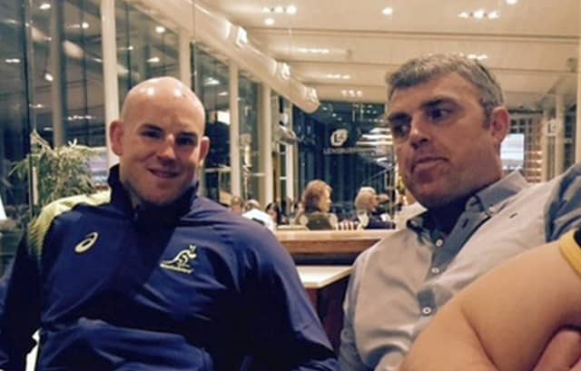Australia Rugby captain Stephen Moore photographed with his cousin, Ronnie Greaney of the Dew Drop Inn on Mainguard Street at Twickenham last weekend.
