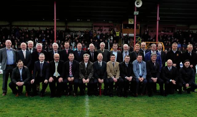 The Kiltormer team which won the County Senior Hurling Championship in 1990 were honoured during County Final Day at Kenny Park last Sunday to mark the Silver Jubilee of that triumph. Back row, left to right: Patsy Hough, Tony Kilkenny, Conor Hayes, Tommy Lally, trainer, Sean Kelly, Tony Larkin, Sean McKeigue, Pakie Dervan, Martin Staunton, Derek Glynn, Dermot Cox, Kieran Lynch, Enda Staunton, Tommy Kilkenny, Thos Hanrahan, Martin Staunon jnr, representing his uncle Peter Staunton, Michael Callaghy, selector. Front row: Kevin Tierney, Niall McKeigue, Brendan Dervan, Brian McManus, Aidan Staunton, Ollie Kilkenny, Fionan Curley, Ger Kelly, Damien Curley, John Goode (Team Manager), Tony Hough and Paddy Cormican, representing his late father Sean.