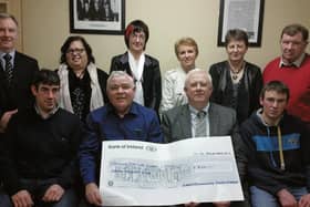 The Abbey (Loughrea) Community Development Association recently presented a cheque to the Galway East Life Support Group in Abbey Hall. Pictured at the presentation were (back, l to r): Gerry Larkin, Carmel O’Rordian, Maura Canning, Mary Burke, Noreen Shiel and Tom Pierce. (Front): Noel Pierce, Arthur Carr, Gerry Roche and Colm Pierce.   