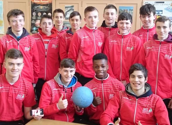 Galway Community College Soccer Academy players supporting Conor McDonagh (holding the ball) following his sensational strike against Oughterard, including (front – from left) Under 19 Academy Captain Owen Folan, Edo Ngirumpatse and Under 17 Academy Captain Fabio Santos.