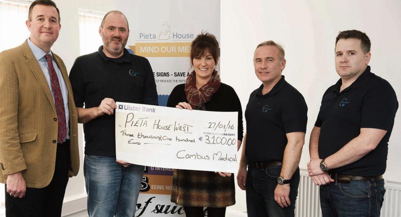 Pictured at cheque presentation to Pieta House are  Tom McEvoy, Pieta House, Barry Comerford, CEO, Cambus Medical, Donna Burke, Pieta House, John Farragher, Director of Cambus Medical and Damien Molloy, Director of Operations Cambus Medical. 