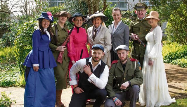 Dressed for the Rising...Pictured at The Ardilaun Hotel recently to commemorate the Easter Rising with a family picnic held in the hotel gardens are staff members all dressed up from the 1916 era, (l-r) Sinead Dolan, Aisling Grier, Maria Kelly, along with Breda Ryan, Eva, Ryan, John Ryan and Barbara Cashen, and (front) Turlough O’hEocha and Sean Power.
