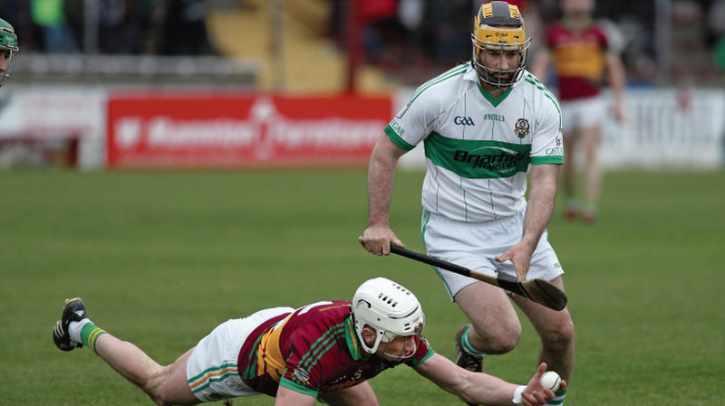 Castlegar's Ger Farragher gets ready to challenge Gort's Wayne Walsh during Sunday evening's senior hurling championship tie at Kenny Park. Photo: Joe O'Shaughnessy.