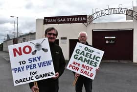 NO SURRENDER : singer-songwrighter Seamus Ruttledge and Cllr Shaun Cunniffe who are campaigning for all GAA matches are free-to-air.Photo: Johnny Ryan Photography.