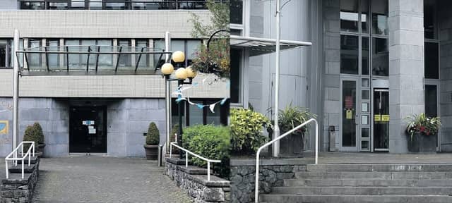 City Hall on College Road (left) and County Hall on Prospect Hill.