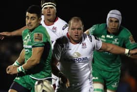 Connacht's Tiernan O'Halloran and Ultan Dillane chasing this loose ball with Ulster's Callum Black and Robbie Diack during Friday night's Guinness Pro12 tie at the Sportsground. Photos: Joe O'Shaughnessy.