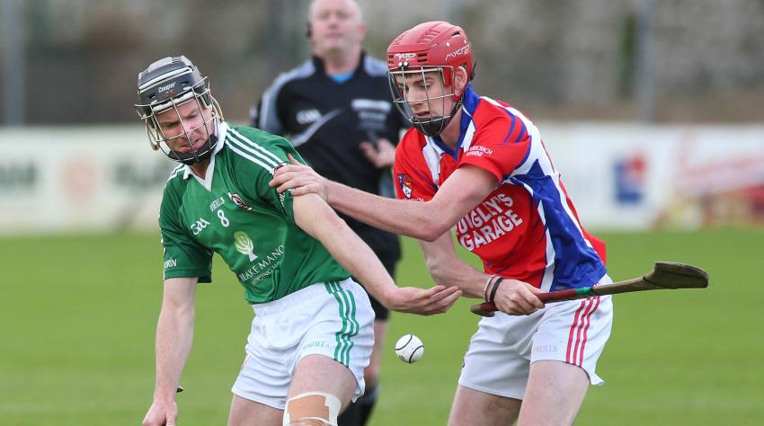 Ballinderreen's 
Kieran Gill battling for possession with Ahascragh/Fohenagh's Eoghain Delaney during Sunday's Galway Intermediate Hurling Final at Kenny Park.