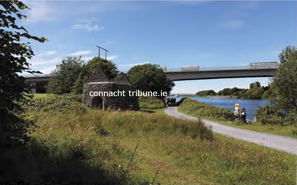 An artist's impression of the new bridge over the Corrib from Menlo to Dangan. The bridge will have a see-through glass noise barrier.