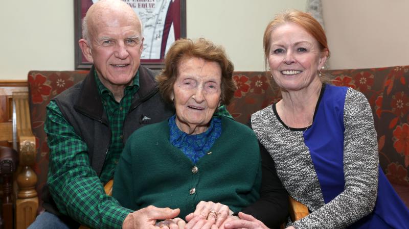 Bridie Daly with her daughter Maryanne Valk and son-in-law Bill Valk at her 106th birthday party in O'Meara's, Portumna. Photo: Joe O’Shaughnessy.