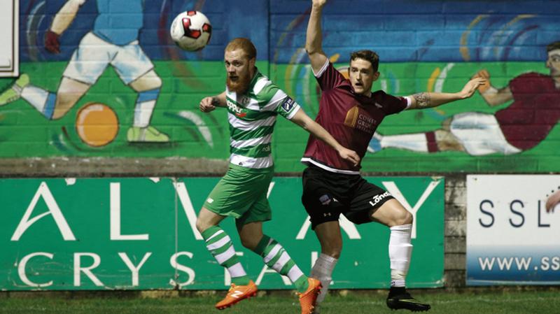 Galway United's Lee Grace and former United captain, Ryan Connolly, battle for possession in Eamonn Deacy Park on Monday night. Photo: Joe O'Shaughnessy.