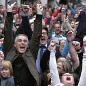 Flashback: Paul Fahy, Artistic Director of Galway International Arts Festival, celebrates with the crowd as it is announced on a big screen in Mainguard Street that Galway has won the 2020 European Capital of Culture bid.