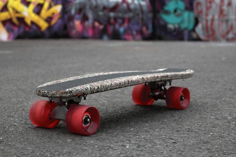 Garreth Smith's skateboard made from recycled crisp packets.