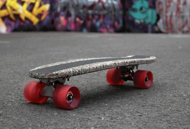 Garreth Smith's skateboard made from recycled crisp packets.